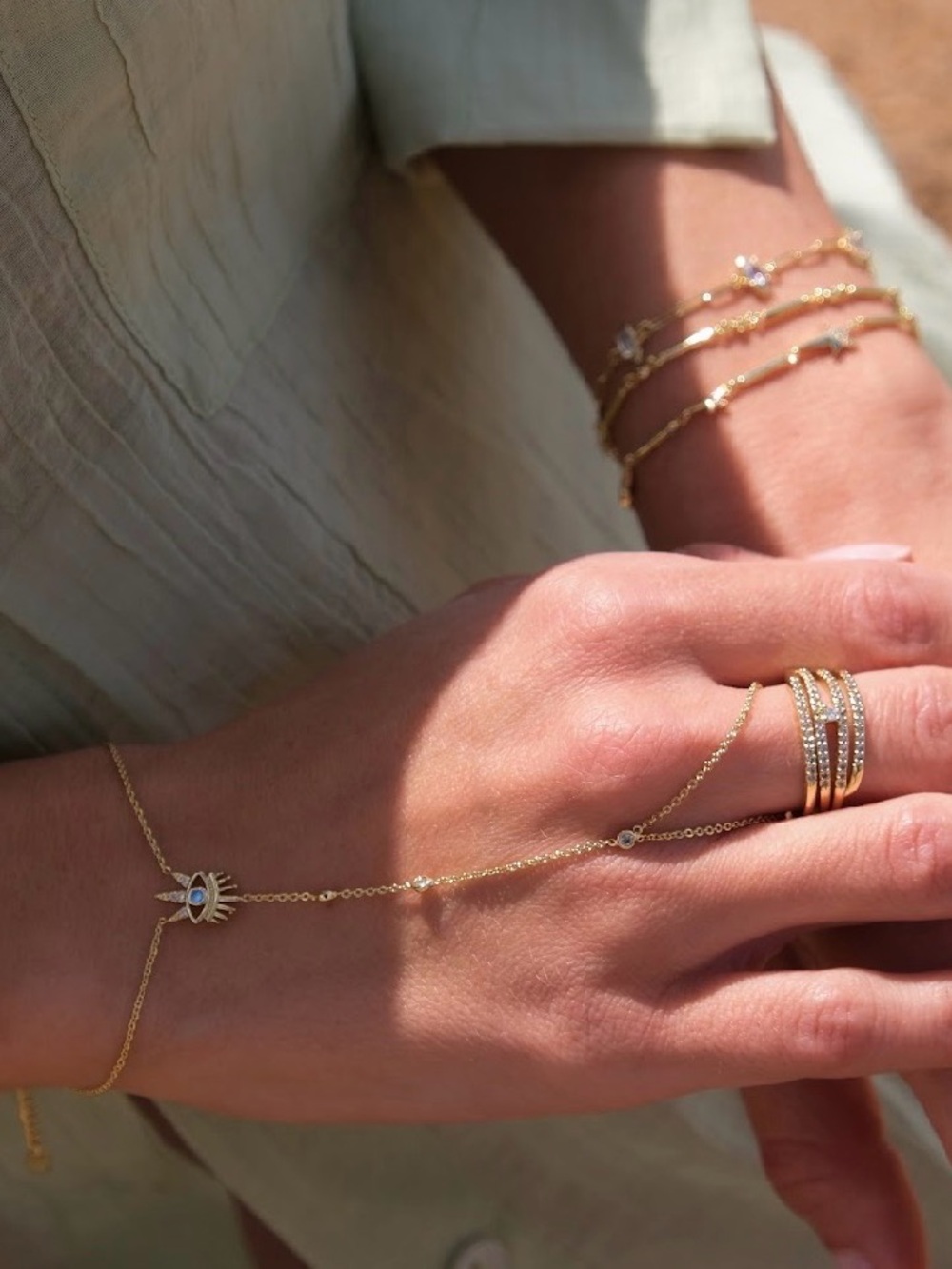 3/$40 14k Gold Plated Evil Eye Hand Chain Bracelet Rhodium P. Finger Bracelet